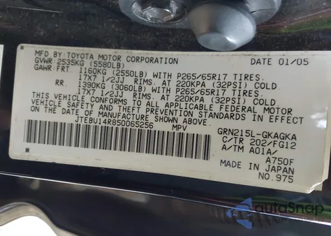 2005 Toyota 4Runner Sr5 V6 z USA, uszkodzony, nr VIN JTEBU14R850065256